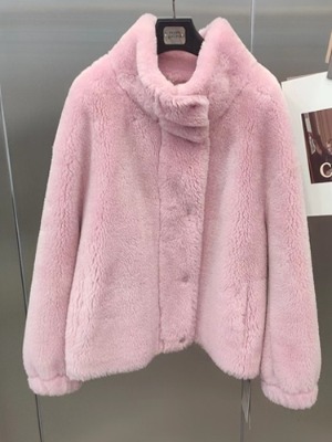 명품스타일 테디베어 하이넥 양털 뽀글이 핑크 집업 자켓